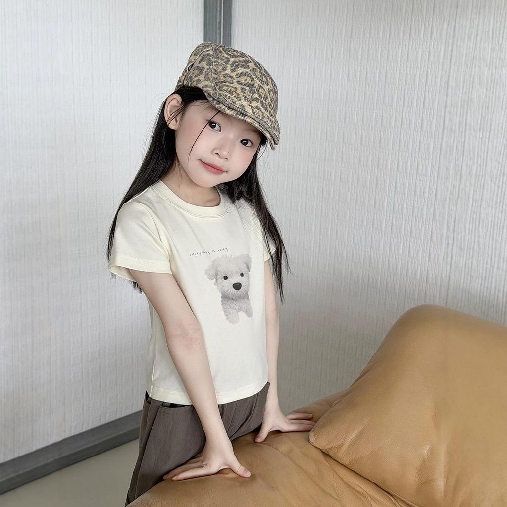 Summer Kids Fashion Spicy Girl Puppy Print Cropped T-Shirt – Slim Fit, Short Sleeve Top for Girls