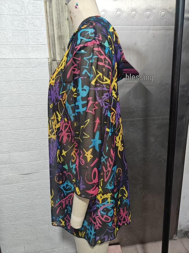Russian Exclusive Mesh Print Seven-Sleeve Beach Cover-Up Shirt