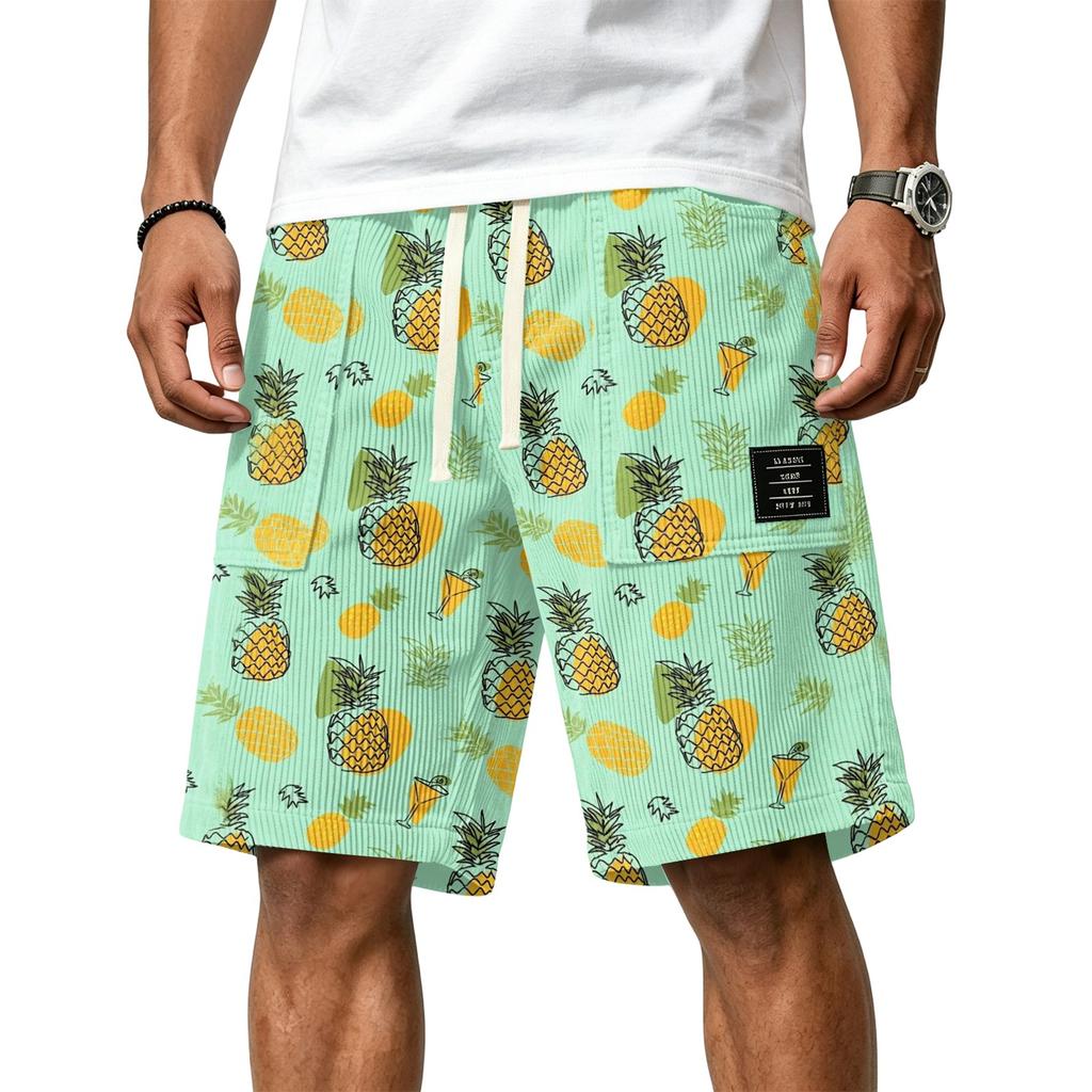 Men's Casual Corduroy Drawstring Shorts Hawaiian Style Tropical Leaf Print Lightweight Comfortable Fit