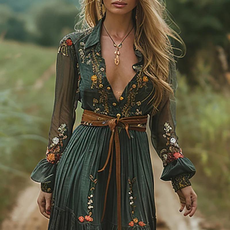 Women's Long Sleeve Maxi Dress Collar Buttons Retro Floral Print Pleated Boho Long Dress