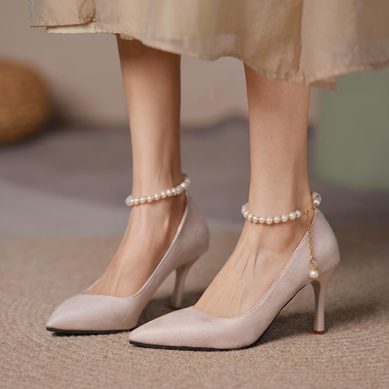 Fashion Stiletto Single Shoes Autumn New Pointed Toe Shallow Mouth Beaded One Strap Anti-Slip Wear-Resistant High Heels