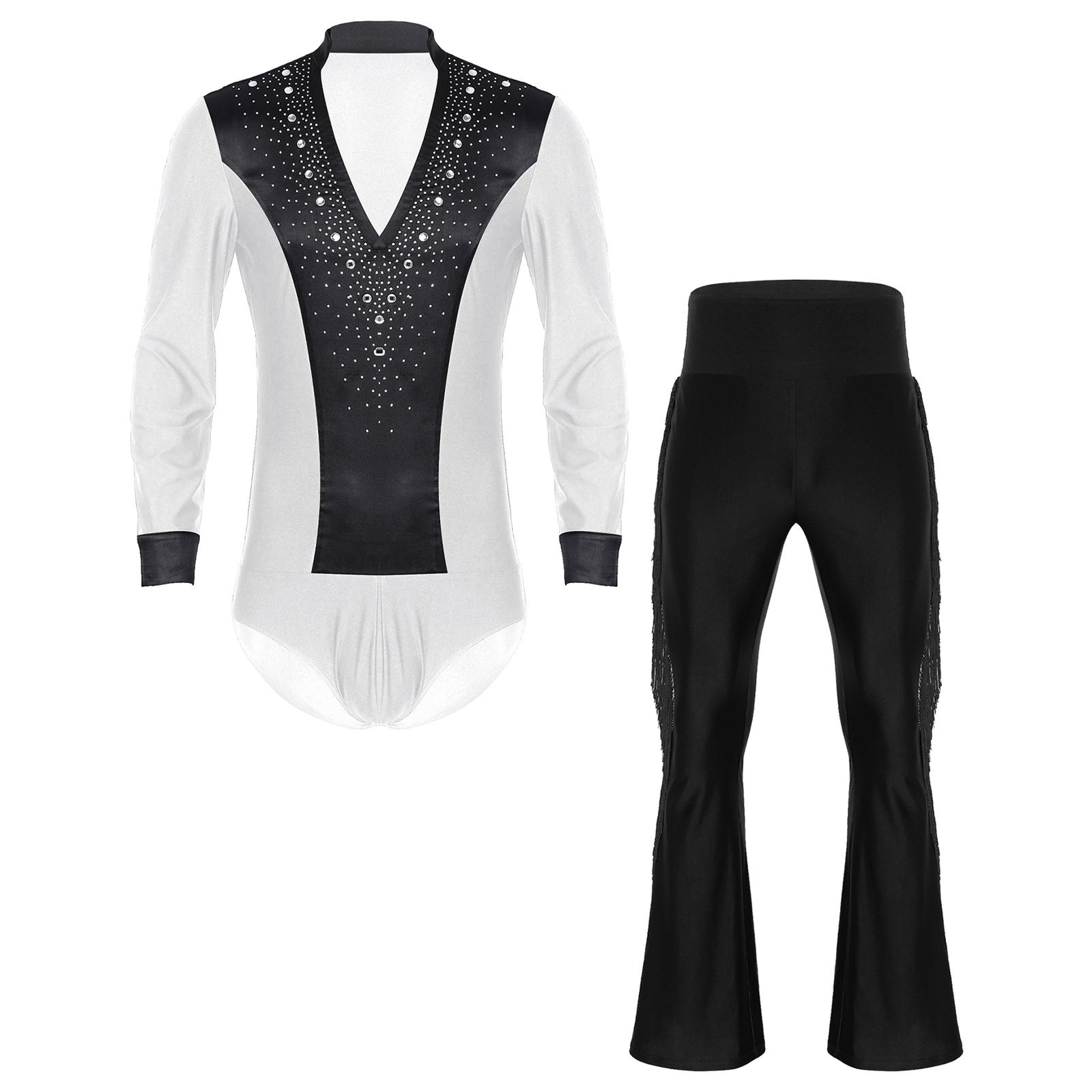 

Чоловічий костюм для латиноамериканських танців Блискучі стрази V-подібний виріз Довгий рукав Атласний клаптевий боді Китиці Кльоші Сценічний комплект XXL чорний/білий