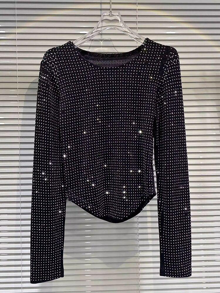 Casual Diamond Bright Design Long Sleeve T-shirt For Women Irregular Round Neck Simple Top 2026 Autumn Female New 11XX5835