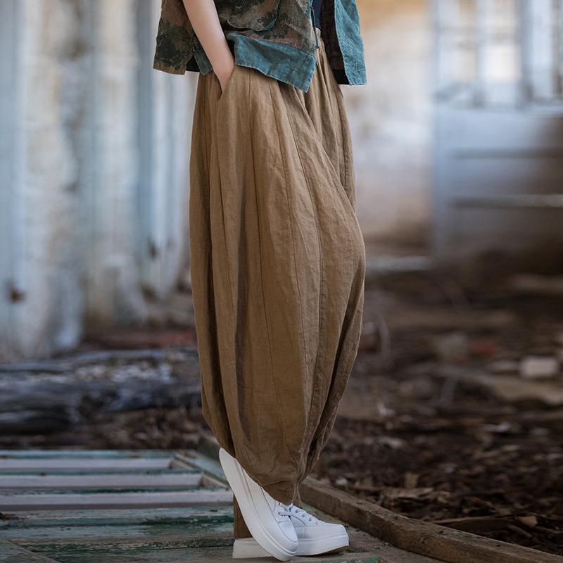 Ramie Cotton Distressed Patchwork Lantern Pants - Women's Spring/Summer Pumpkin Long Pants