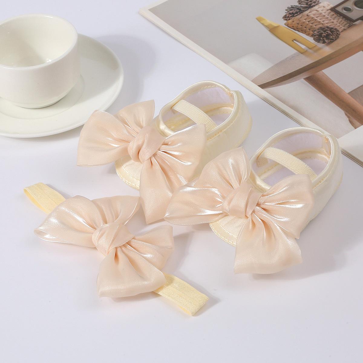 

Lovely Baby Girls Shiny Baptism Shoes Headband Newborn Cute Bowknot Mary Jane Flats Set Children First Walker Flat 0-12 Months 0-6M бежевый