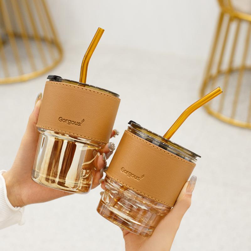 450ml Coffee Glasses Heat Resistant Leather Cover Glass Mug Water Cup Tea Wine Drinkware Glasses Tumbler With Lids Straw