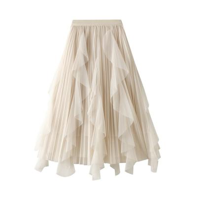 Z Spring New High Waist Lotus Leaf Edge Splicing Mesh Skirt Women's Medium and Long Big Swing Pleated Skirt 0889