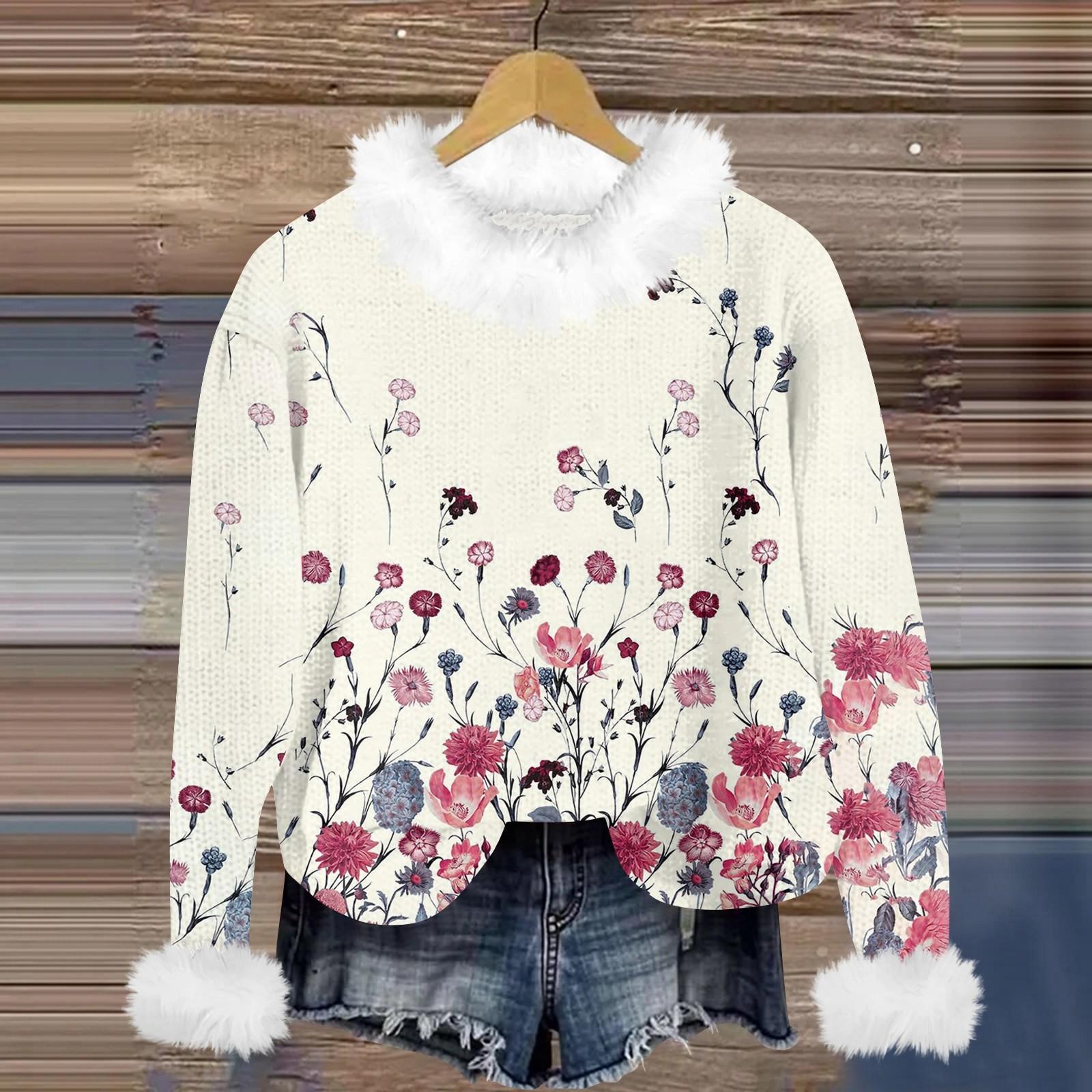 

Свитшоты для женщин Вязаный свитер Милая рубашка Осенний круглый вырез Пуловер с меховым воротником Топы XL