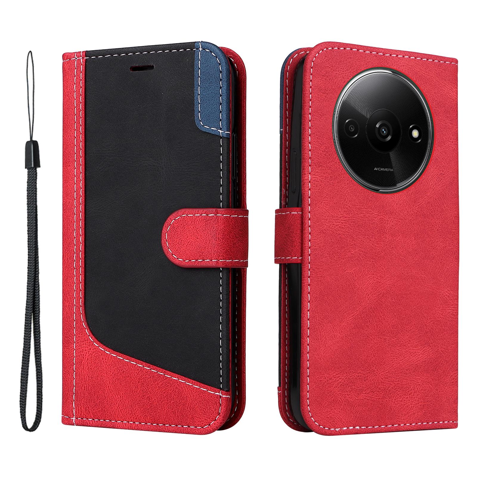 

Для Xiaomi Redmi A3 4G/Poco C61 4G Чехол из ПУ кожи трехцветный сшивной фолио защитная крышка Red