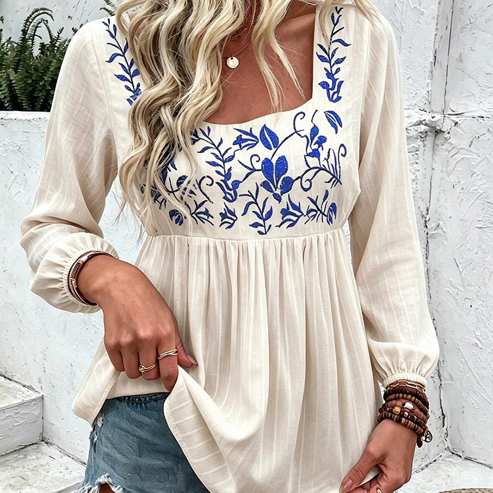 European and American women's clothing lace square collar short sleeve European and American 1116 new embroidered shirt spring and summer cool and