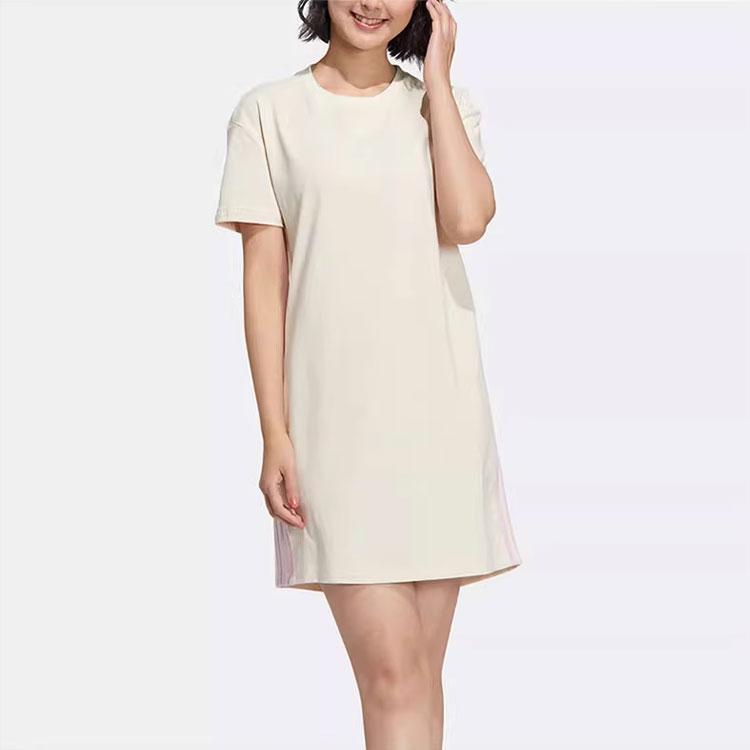 Adidas Neo Solid Color French Cartoon Pattern Printed Mid Waist Round Neck Short Sleeve Dress Women Dresses Beige HF7315