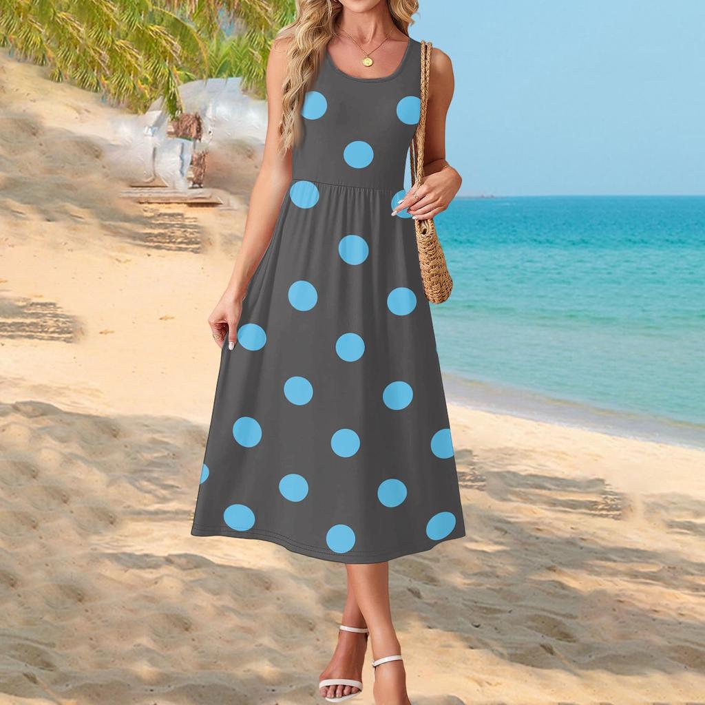 Women's Polka Dot Print Short Sleeve Midi Dress with Pockets for Beach Vacation and Casual Summer Wear