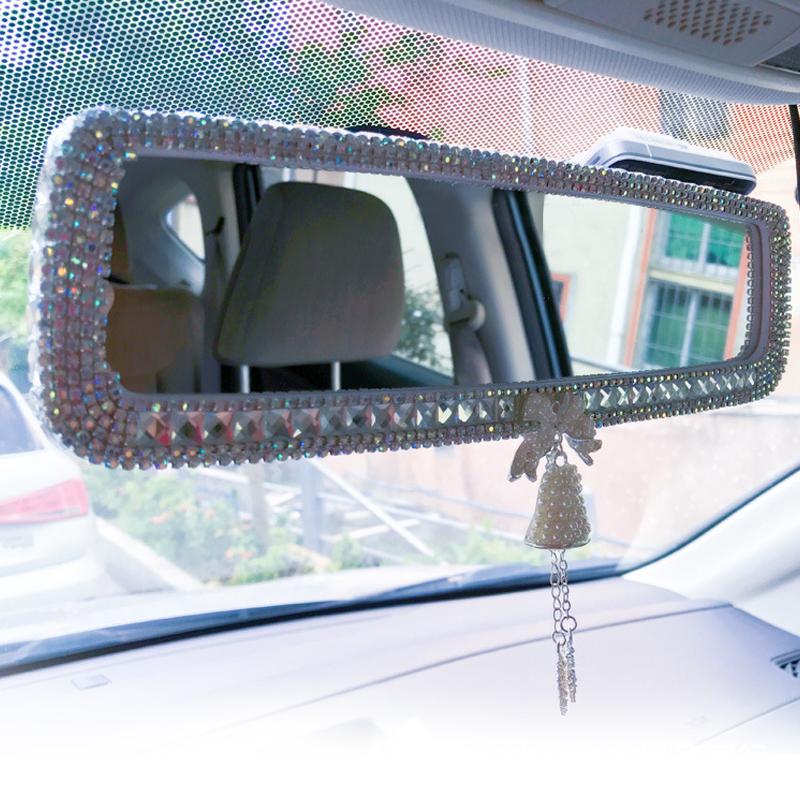 Pink Rhinestone Car Interior Rearview Mirror Cute Butterfly Wind Chimes Ornament Decorative Cover Rear Mirror Accessories Women