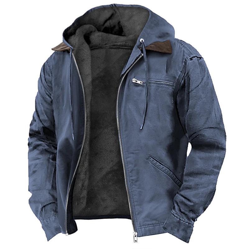 Men's Casual Fleece-Lined Cotton Hooded Jacket with Zipper Pockets