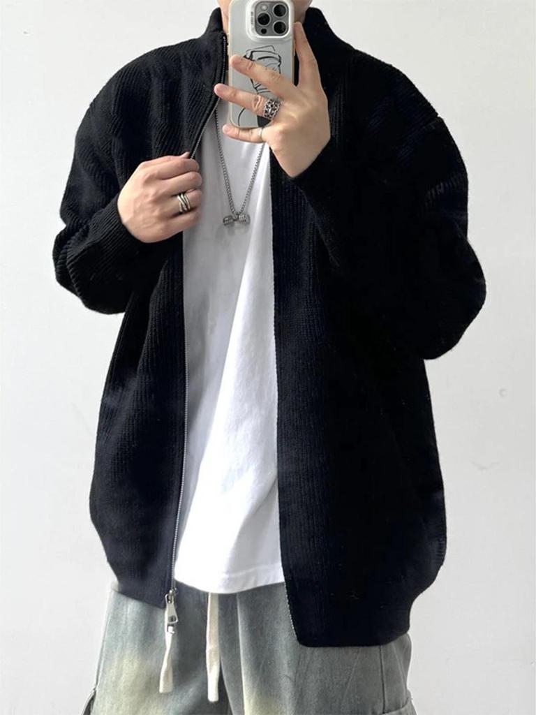 Men's Gray Knit Cardigan: Autumn Relaxed Fit Stand-Up Collar Jacket