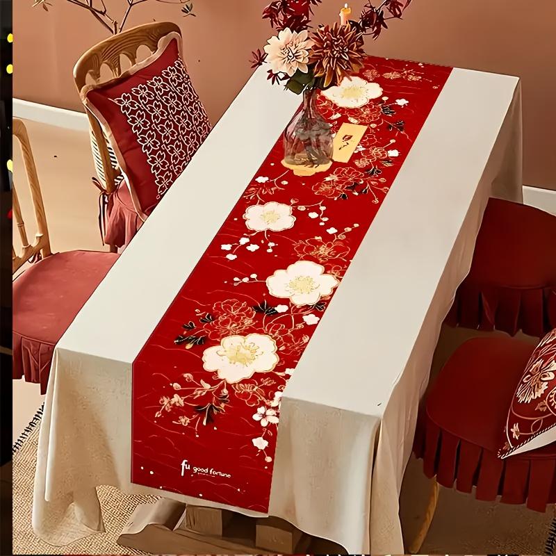 Chinese Lunar New Year Floral Linen Table Runner Party Decor Reusable Spring Festival Kitchen Dining Table Runner New Year Decor