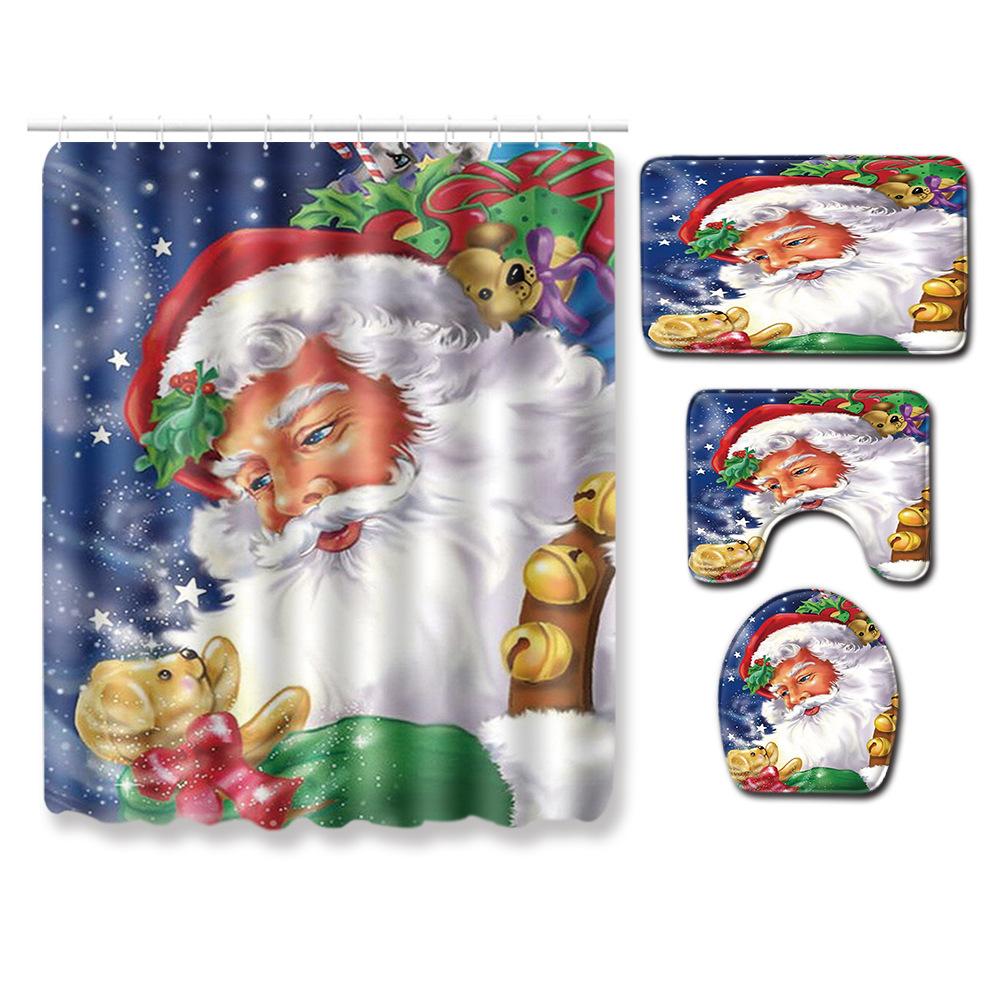 Christmas Shower Curtain Floor Mat Combination Four-Piece Set Bathroom Toilet Carpet Shower Room Mat Foot Mat
