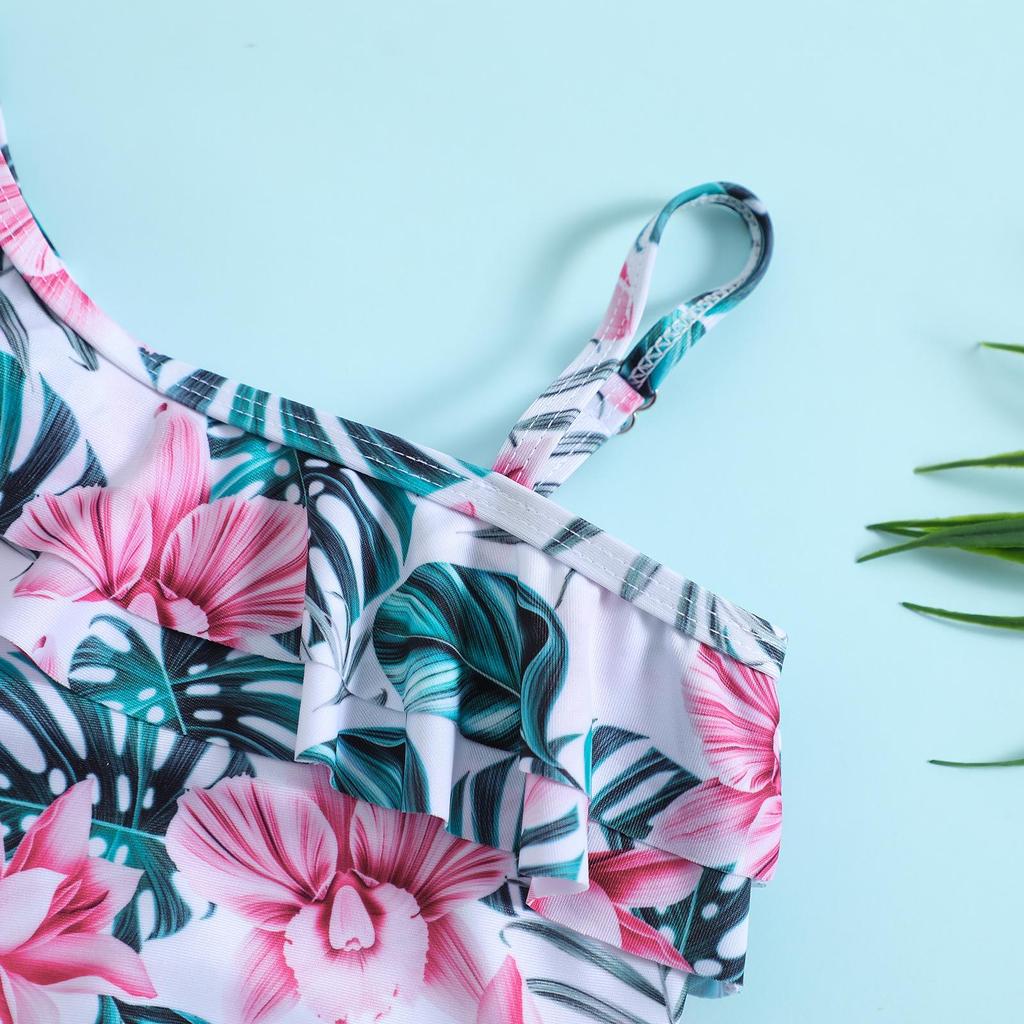 Girls' One-Shoulder Floral Print Swimsuit - Cute Swimwear for Kids.