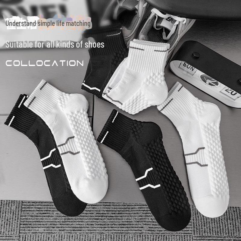 Unisex Medium Tube Cotton Sports Socks for Marathon, Autumn/Winter - White Towel Bottom, Black.