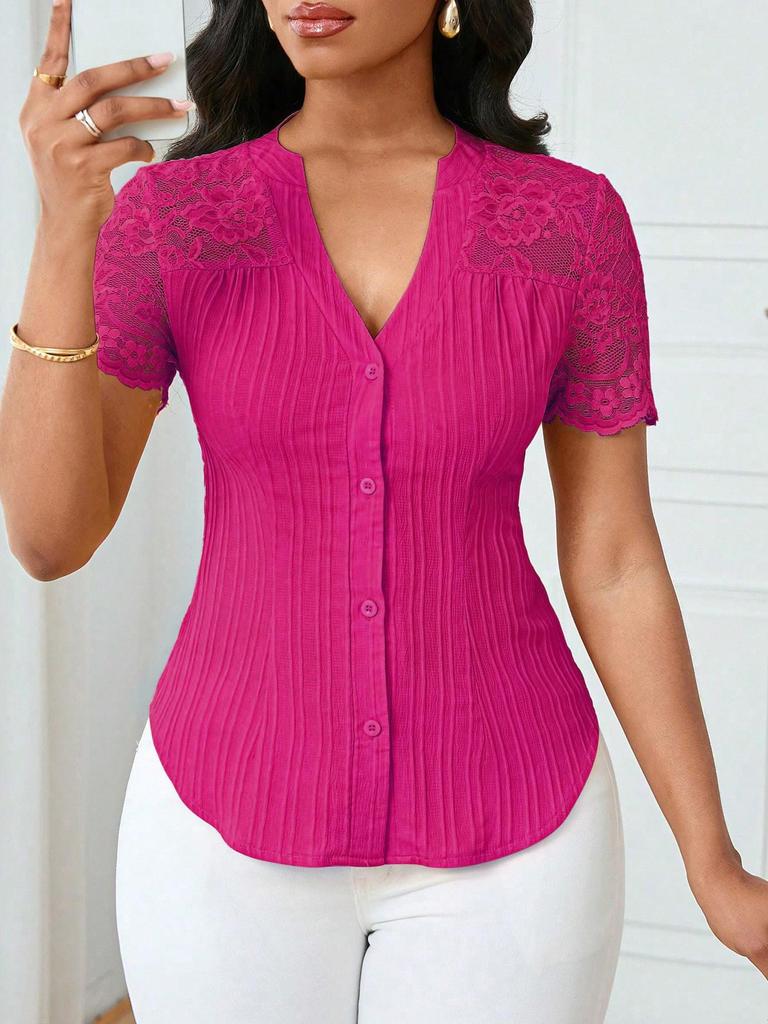 Women's Summer V-neck Embroidered Hollow Short-sleeve Shirt