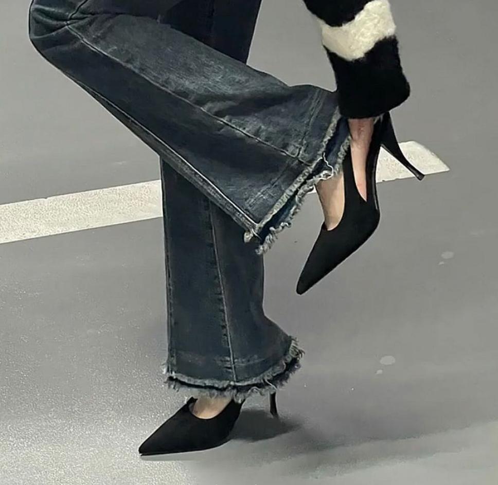 Sandali Neri Slingback 2025 Donna Primavera/Estate Punta Acuta Tacchi Super Alti Donna Scarpa con Elegante Design a Fibbia Bassa sulla Caviglia