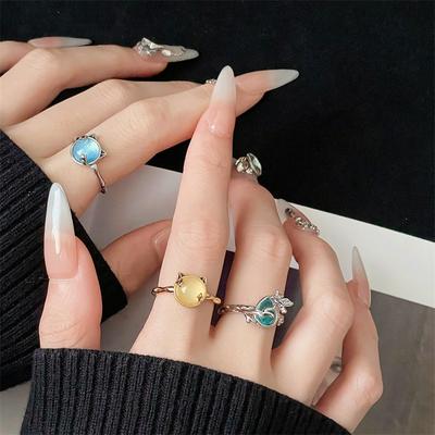 Cute Cat Ear Niche Design Open Ring Aquamarine Personality Exquisite Cartoon Childlike Fashion Ring Woman