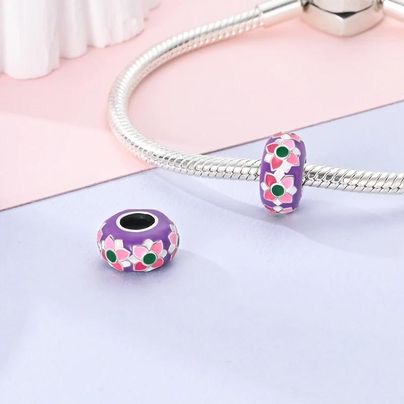 Genuine Charm Copper Retro Purple-Pink Flower Bead Fits Charm Plata Bracelet For Women Women Jewellery Crafting Do-It-Yourself Gifts