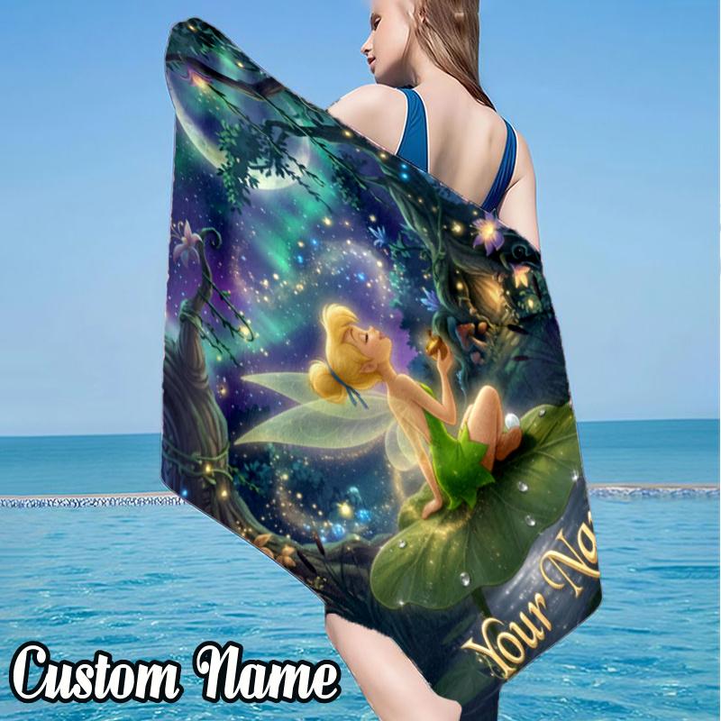 Custom Name Tin-ker Bell Beach Towel - Soft, Ultra-Absorbent Microfiber, Lightweight, Perfect for Beach, Parties, Travel, Camping