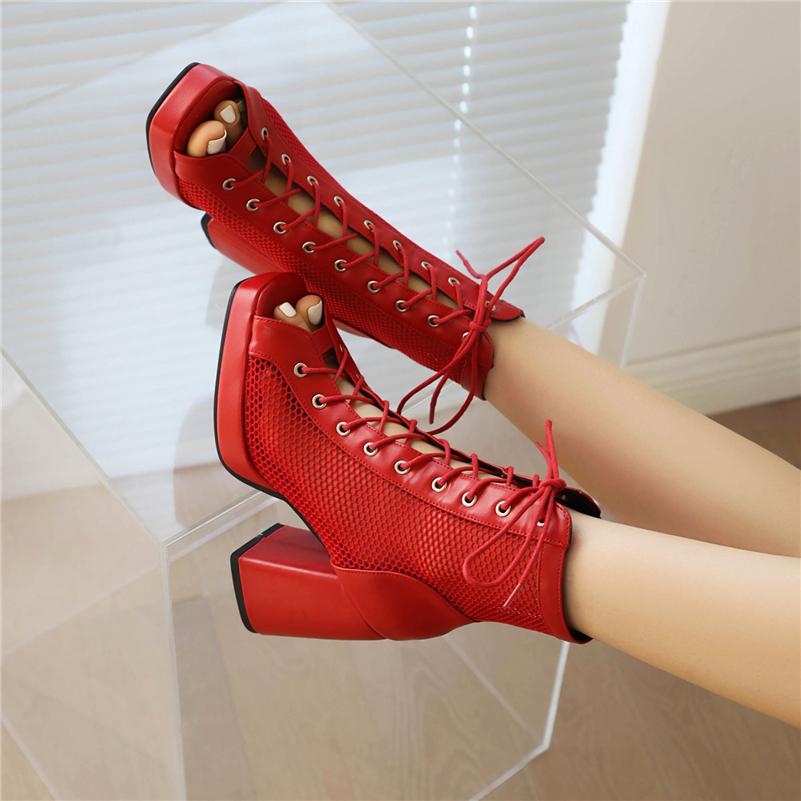 FOREADA Women Hollow Mesh Sandals Peep Toe Thick High Heels Lace-up Platform Sexy Comfort Jazz Dance Boot Ladies Shoes Summer 46