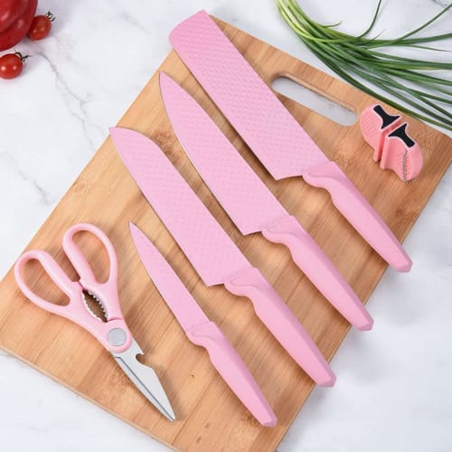 CHUYIREN Kitchen Knife Set, Pink Knife Set, High Carbon Stainless Steel Non-Stick Coated Chef Knife Set with Scissors and Sharpener for Women and Girl