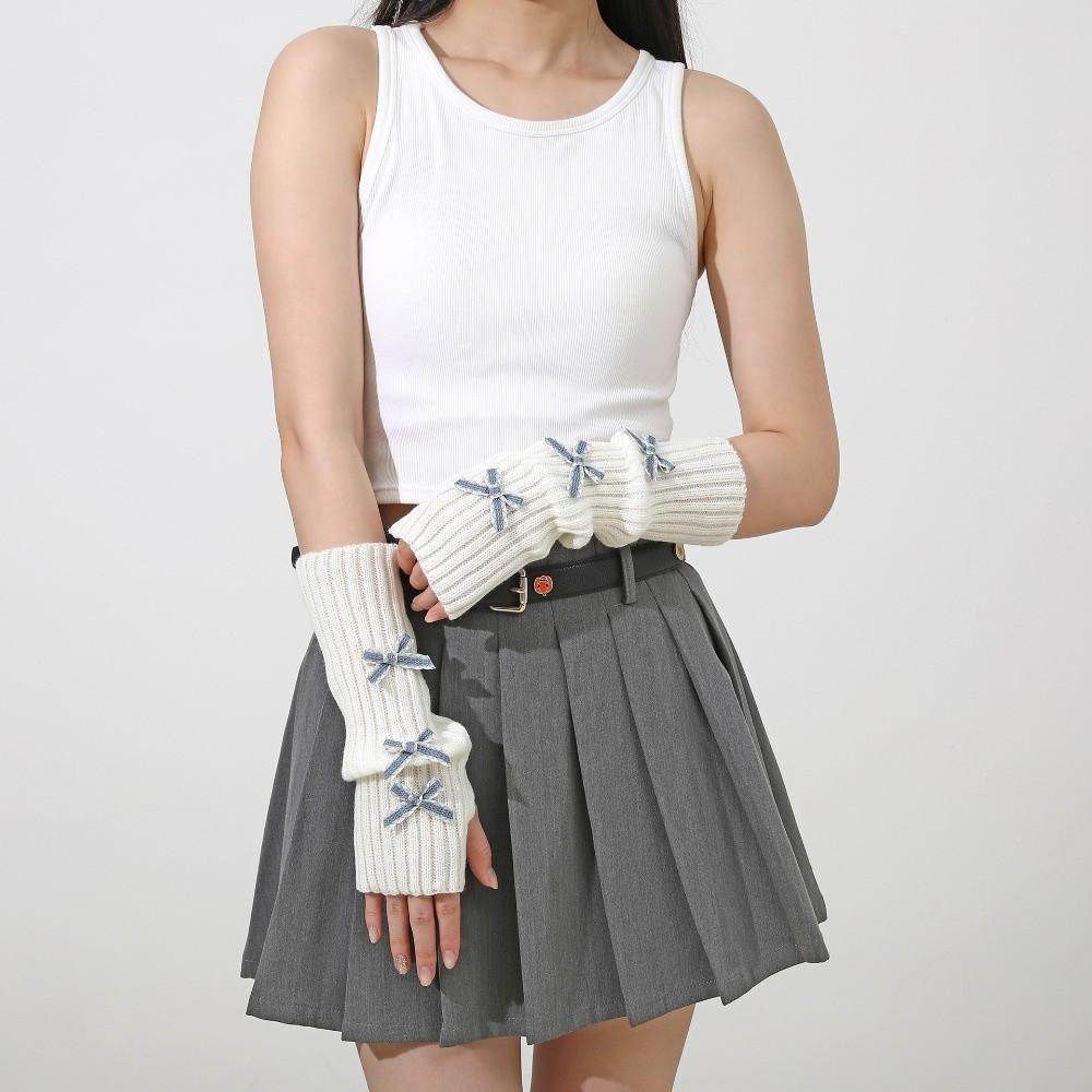 Thicken Bow Fingerless Gloves Cute Bowknot Hands Free Gloves Fashion Arm Sleeves  Winter