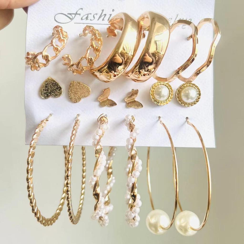 Gold-Pearl Punk Hoop Earrings Set for Women