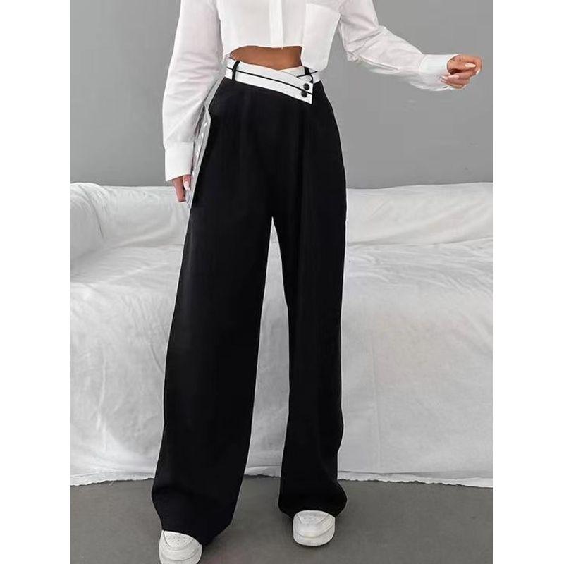 

Модные брюки с контрастным цветом, повседневные драпированные брюки для швабры, стильные брюки с широкими штанинами, повседневные брюки с широкими штанинами Black L