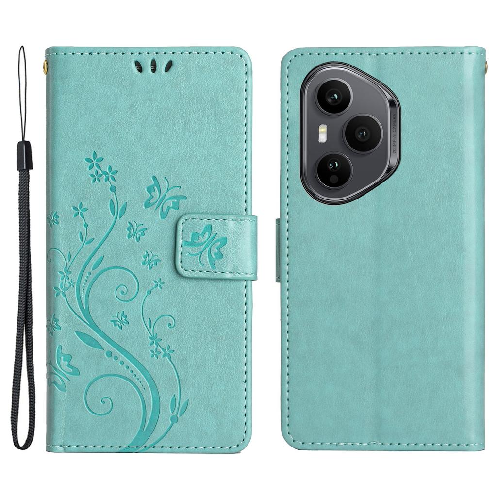 For Honor 400 Pro 5G (Global) Leather Wallet Case Butterfly Flower Imprinted Phone Cover with Strap