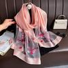 Faux Silk Scarf with Beading Embroidered Crabapple Flower Design Women Versatile Shawl Comfortable Imitation Silk Scarf