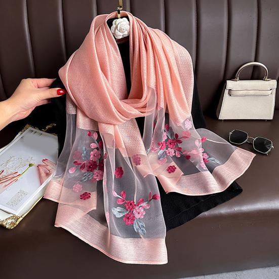 Faux Silk Scarf with Beading Embroidered Crabapple Flower Design Women Versatile Shawl Comfortable Imitation Silk Scarf