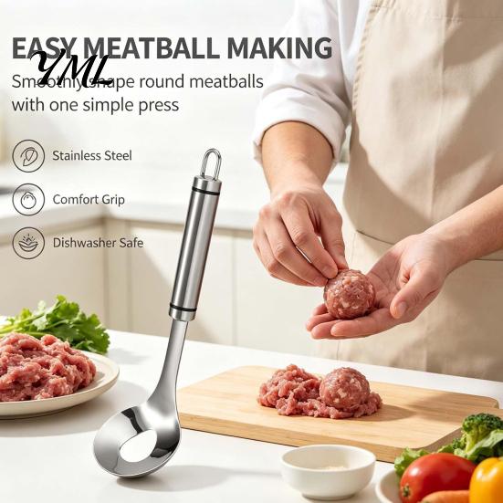Fish Ball Maker Stainless Steel Meatball Spoon, Non-slip Grip Ergonomic Long Handle Design, Round Shaper Professional Meat Baller Tool for Balls