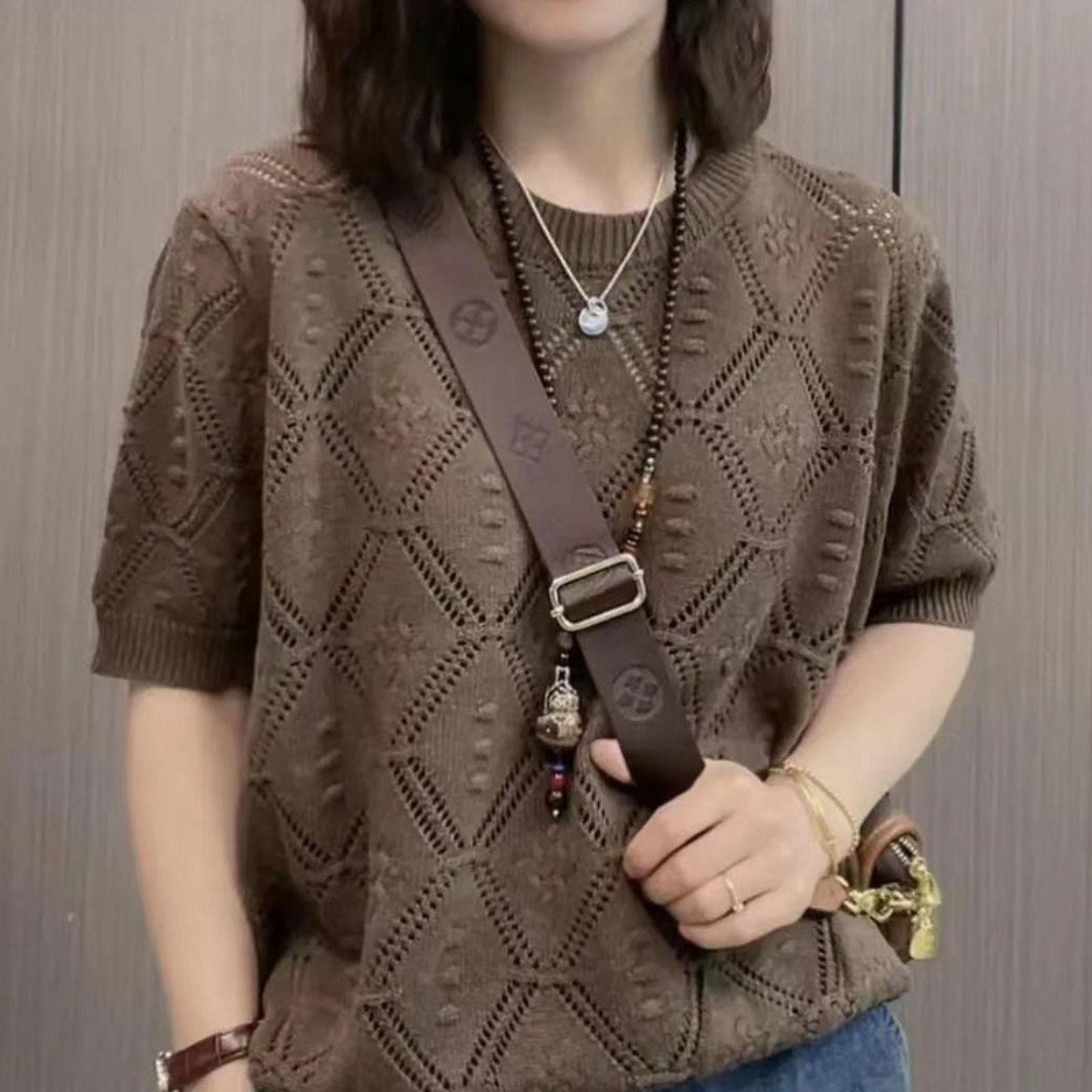 Французский ажурный летний тонкий вязаный свитер с короткими рукавами, женский модный свободный топ с круглым вырезом в западном стиле, уменьшающий возраст One Size кофейный