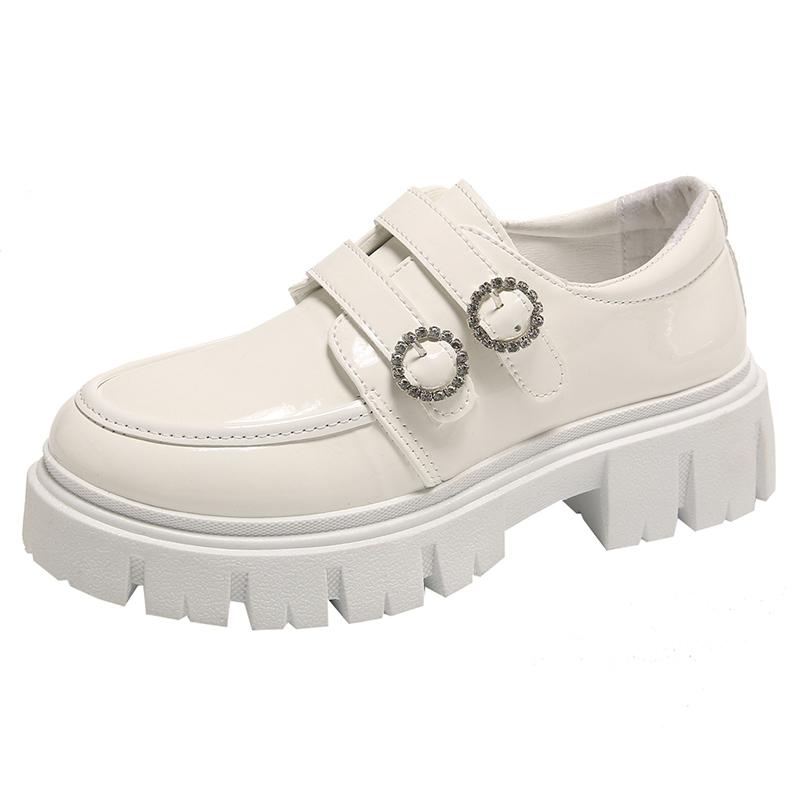 fashion Crystal Buckle Chunky Heels Pumps Women Black Patent Leather Platform Loafers Woman Thick Bottom Non-Slip Gothic Shoes Ladies