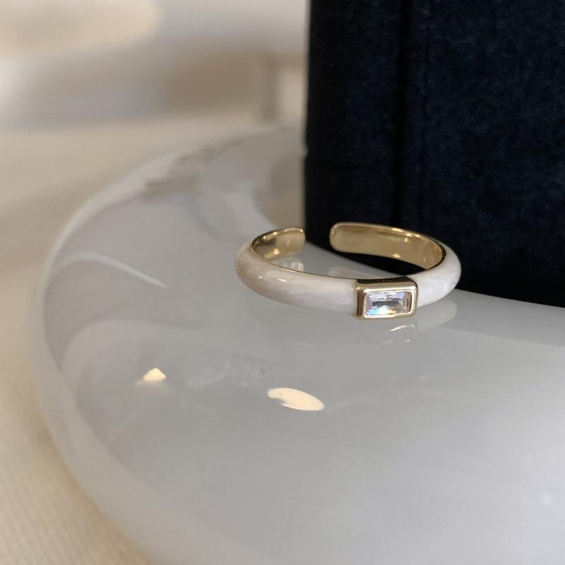 French Contemporary Style Adjustable Copper Ring With Cream Enamel Zirconia And