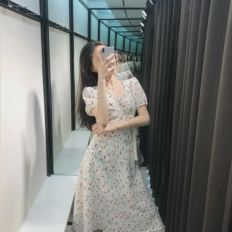 Women's New Arrival 2025 Summer Floral French Dress - Square Collar, Wide Waist, Casual Fashion
