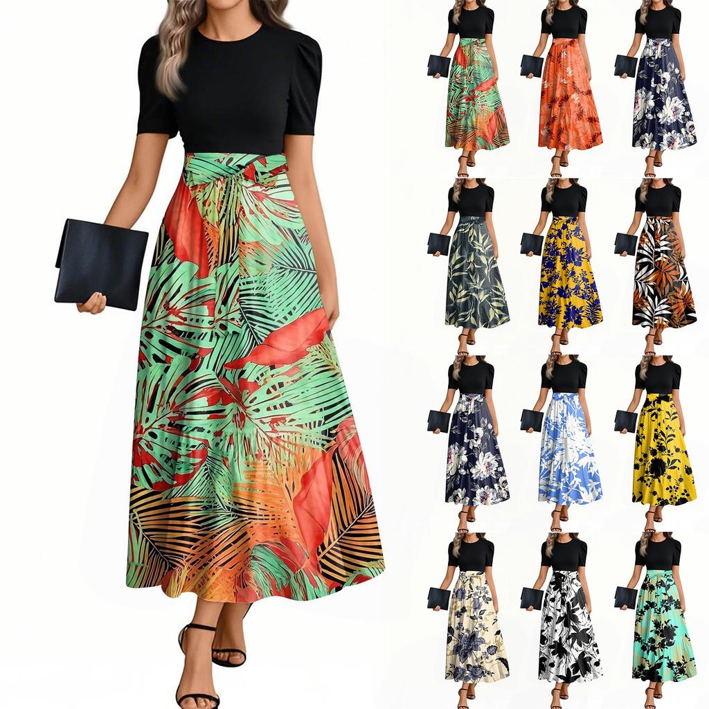 Moda feminina casual com cinto gola redonda manga curta floral patchwork vestidos elegantes