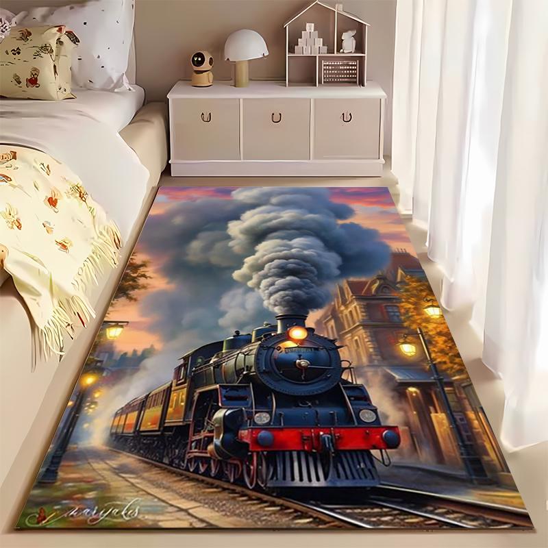 Black Steam Locomotive, Vintage Style, Full of Power Suitable for Use As an Anti-slip Game Mat for Living Room and Bedroom Sofas