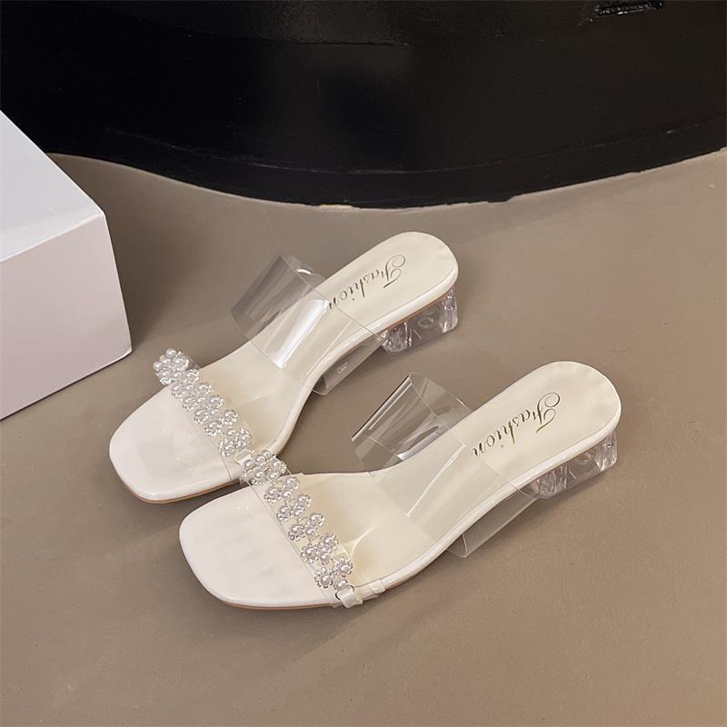 Beautiful High-heeled One-word Slippers for Women's Summer Wear, New Fashionable Transparent Thick-heeled Cool Slippers for Women