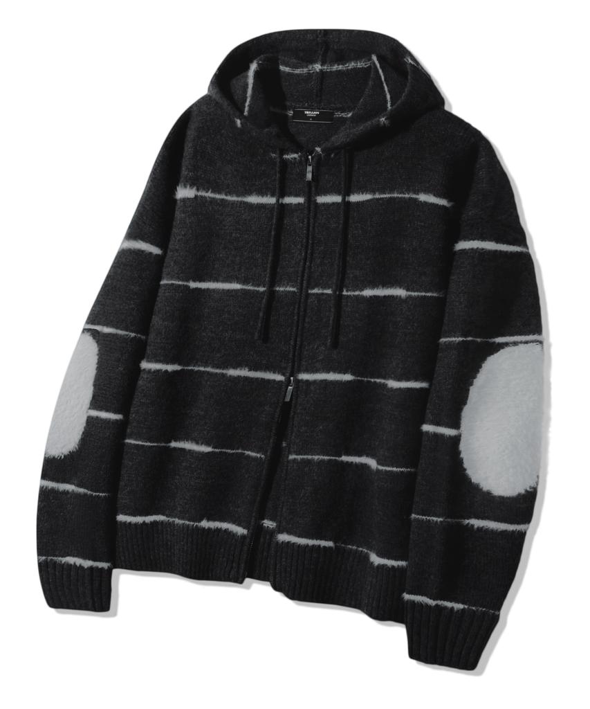 TRILLION Washable Wool Hairy Stripe Hooded Zip-Up Knit_Black