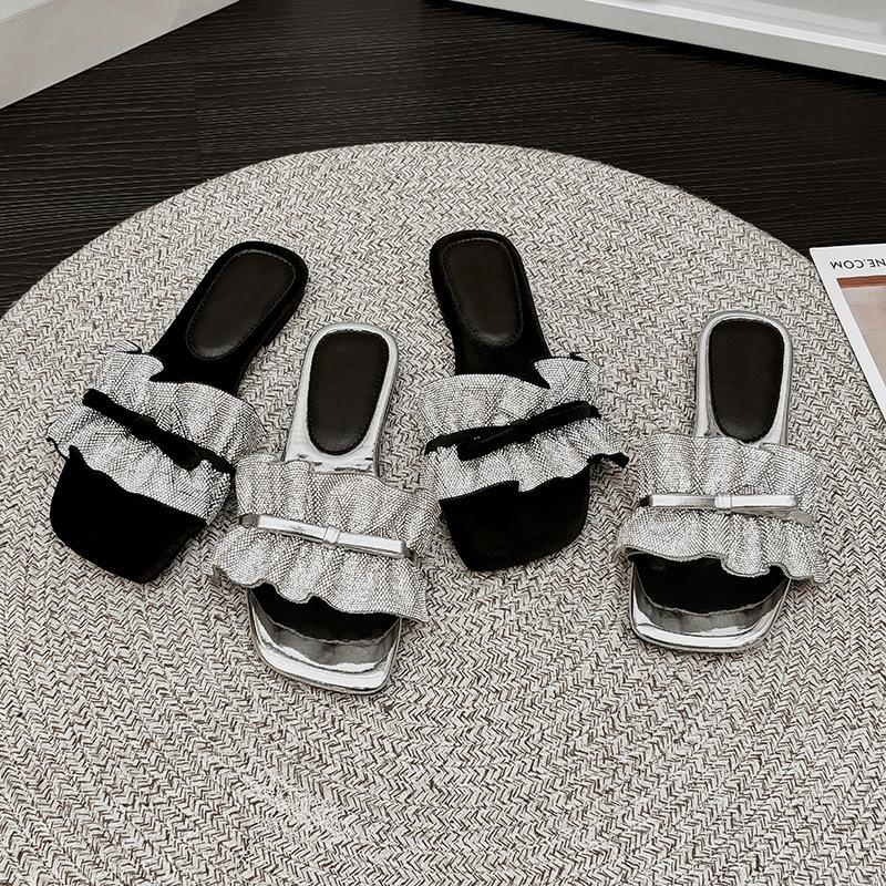 Fashion Bow Lace Design Slippers for Women 2025 Summer New Style Square Head Open Toes Flat Outdoor Beach Sandals Comfortable Cool Shoes