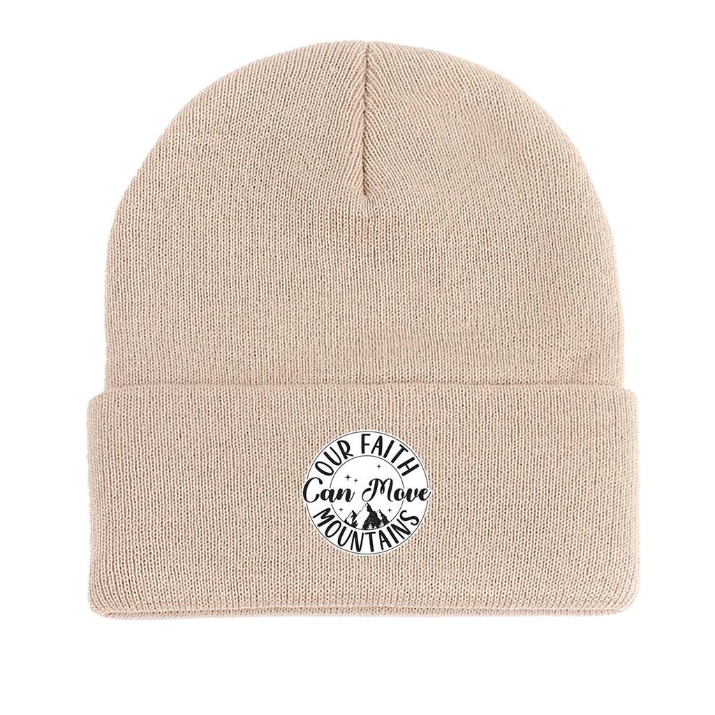 FAITH MOVE MOUNTAINS" Print Knitted Hat Beanie, Text Skullies Beanies Fit Thermal Headwear Pompom Beanies Knit Cap Beanie