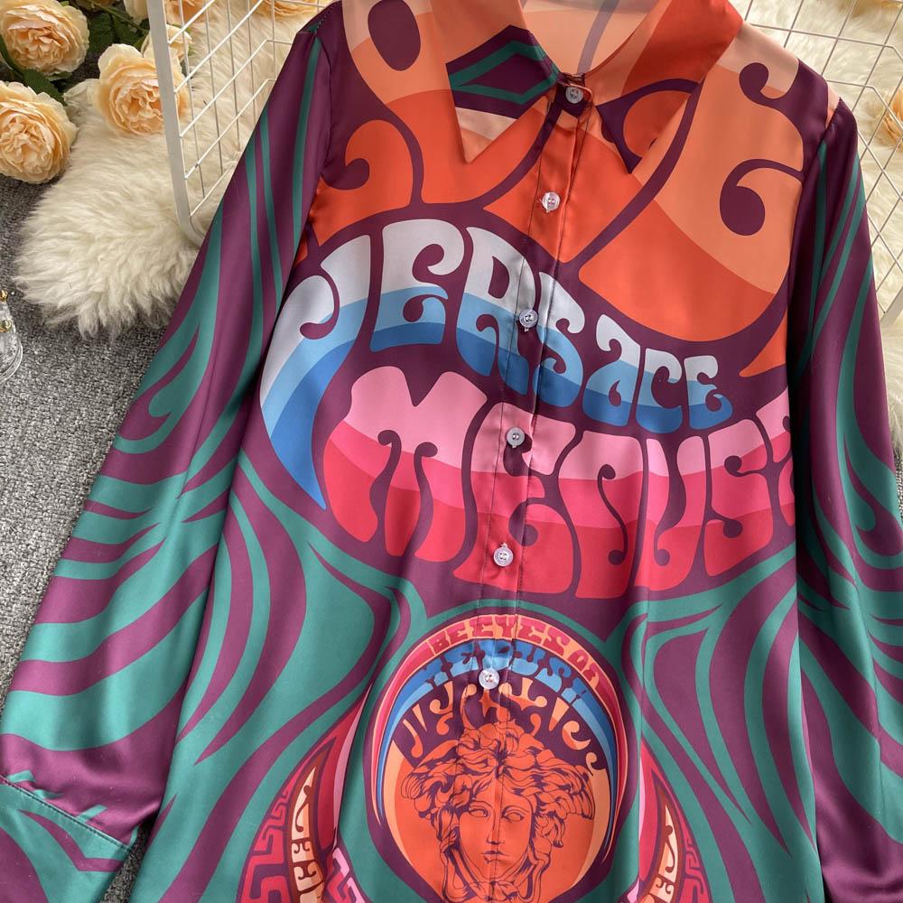 European Station Spring New Fashion Brand Letterhead Print Retro Baroque Style Leisure Vacation Shirt Women's Slim Fit