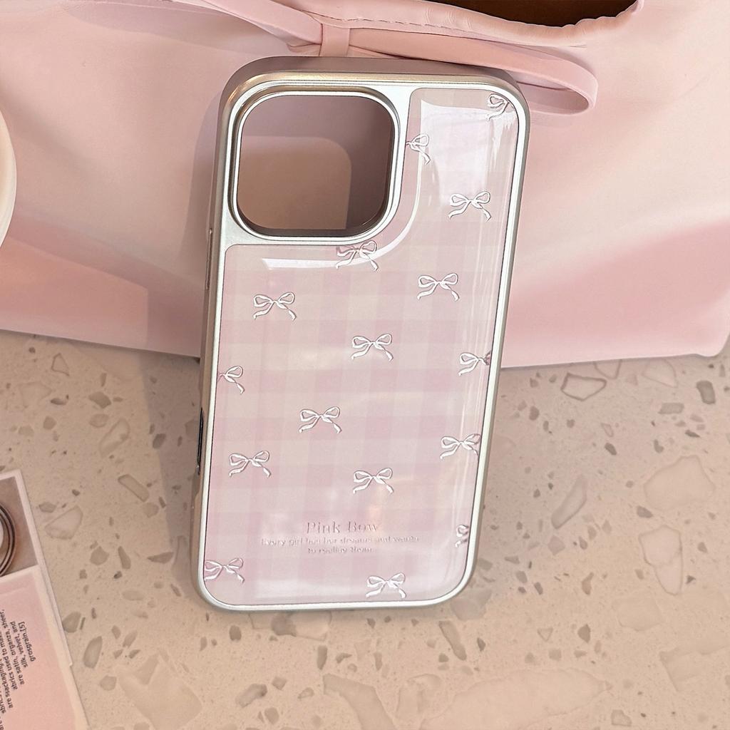 Gilded for Apple 17promax Phone Case for IPhone 16 Pink Grid Bow 13 Plated 14 Hard for Huawei