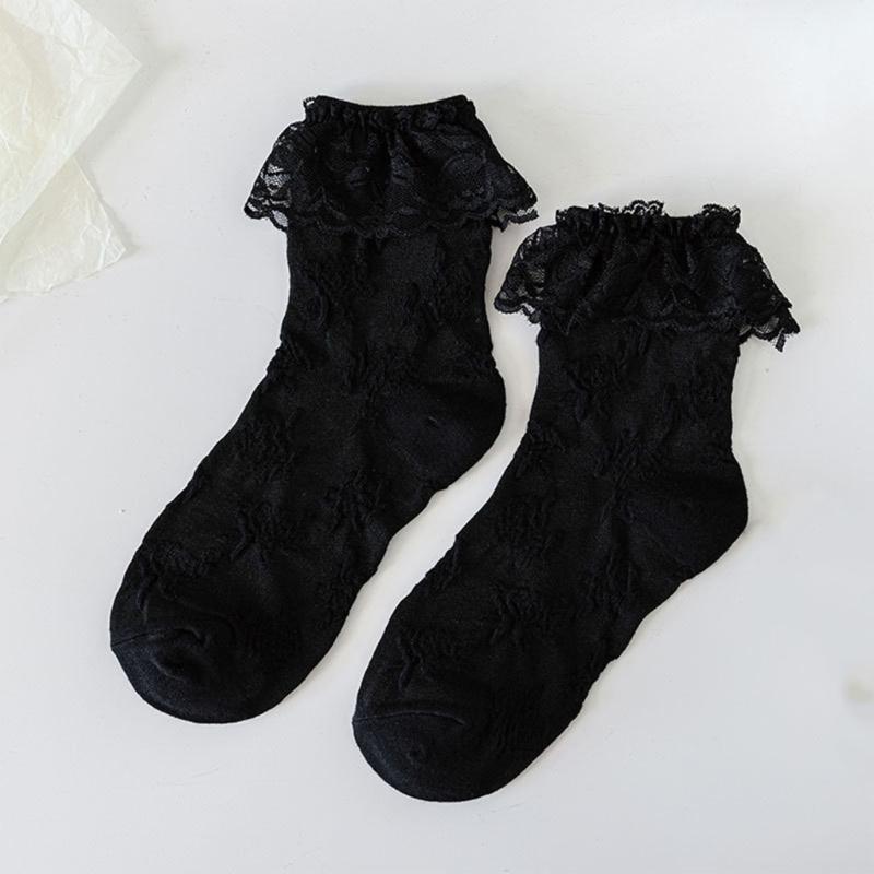 JK Girl Ruffle Lace Trim Cotton Ankle Socks Jacquard Knit Frilly Socks for Women